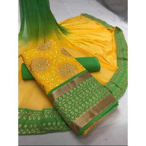 Winter Pure Cotton Yellow And Green Ladies Saree With Unstitched Blouse Piece For Party Wear