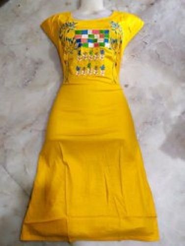 Crepe 100 % Cotton Silk Yellow Style Short Sleeves Stylish Ladies Kurti, For Party Wear