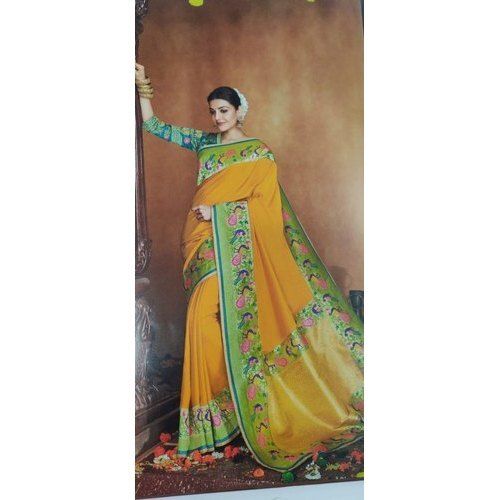 Lemmon Yellow Saree With Green Blouse – RawaazFashion