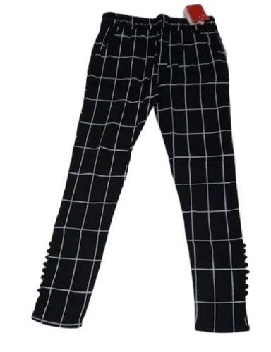 Quick Dry Cotton Linen Printed Check Black Girls Pants, Easy To Wear, Fit And Comfortable