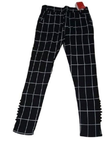  कॉटन लिनन प्रिंटेड चेक ब्लैक गर्ल्स पैंट, पहनने में आसान, फिट और आरामदायक 
