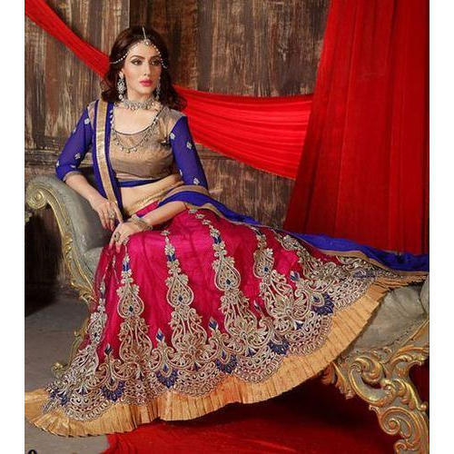 Comfortable Blue Pink Embroidered Ladies Stitched Fancy Lehenga Fashionable For Party Wear