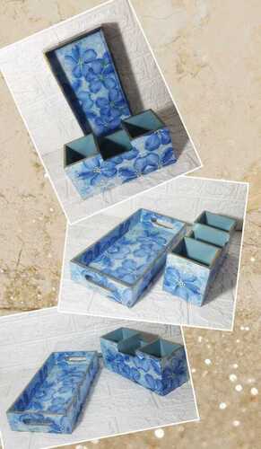 Sky Blue Hand Painted Decorative, Beautiful And Elegant Plastic Boxes And Tray 