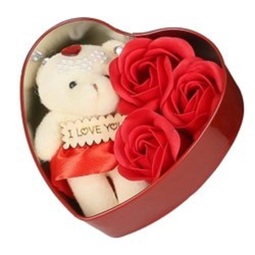 Red Plastic Kreiz Heart Shaped Box With Teddy And Roses, 10 Cm, For Gift