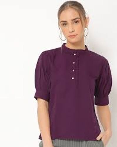 Women Casual Regular Wear Crew Neck Plain Purple Puffy Sleeve Short Top  Length: 26-28  Centimeter (Cm)