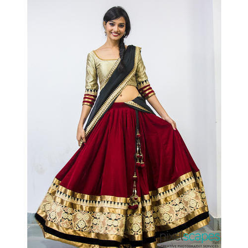 Cotton Maroon And Golden Printed Embroidered Ladies Stitched Fancy Lehenga Fashionable