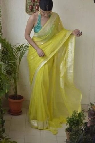 Casual Good Durable Fabric And Comfortable Lemon Yellow Net Saree With Golden Border, For Women 