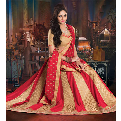 Pure Cotton Red And Golden Printed Embroidered Ladies Stitched Fancy Lehenga For Wedding