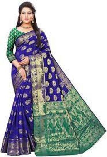 Cotton Silk Long Lasting Comfortable Blue Green Color Designer Ladies Saree