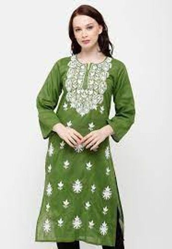 Green Women Comfortable Chikan Embroidered Cotton Blend Straight Blue Kurti