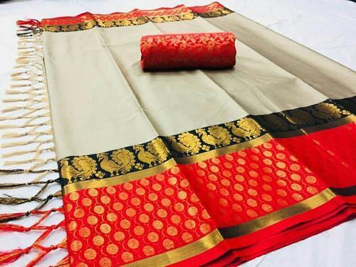 Buy Anouk Off White & Red Woven Design Zari Pure Georgette Kanjeevaram Saree  Online at Best Price | Distacart