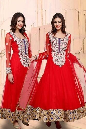 Resham And Stone Work Embroidery With Readymade Net Anarkali Churidar Suit For Women  Injection