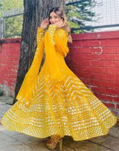 Trendy Yellow Party Wear Indian Handmade Fox Georgette Anarkali Designer Gown Set Bust Size: 44  Centimeter (Cm)