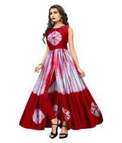 त्वचा के अनुकूल कॉटन फ़ैब्रिक प्रिंटेड रेड एंड व्हाइट लॉन्ग डिज़ाइनर फ्रॉक सूट पार्टी की सजावट के लिए सामग्री: स्टोन