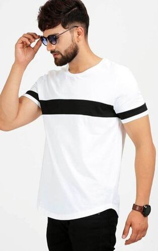 White Black Striped Round Neck Half Sleeve Cotton Men'S T Shirt Gender: Male