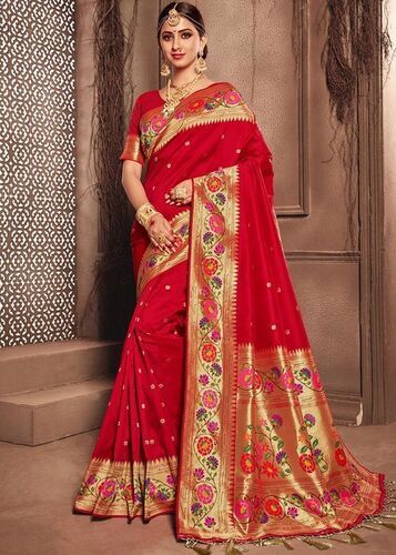 Pure Georgette Wedding Wear Saree In Red WIth Embroidery Work & Crystal  Stone work - Sale