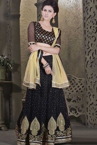 Buy Odette Black Colour Sequence Semi Stitched Lehenga with Unstitched  Blouse (Set of 3) online