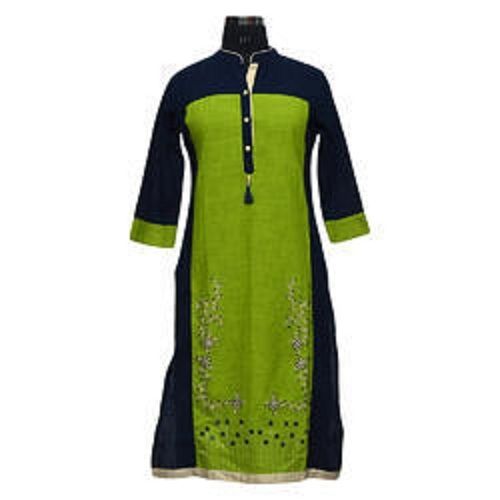 Black And Green Mandarin Collar Long Ladies Kurti With Full Sleeves For Party, Causl Use Bust Size: 38 Millimeter (Mm)