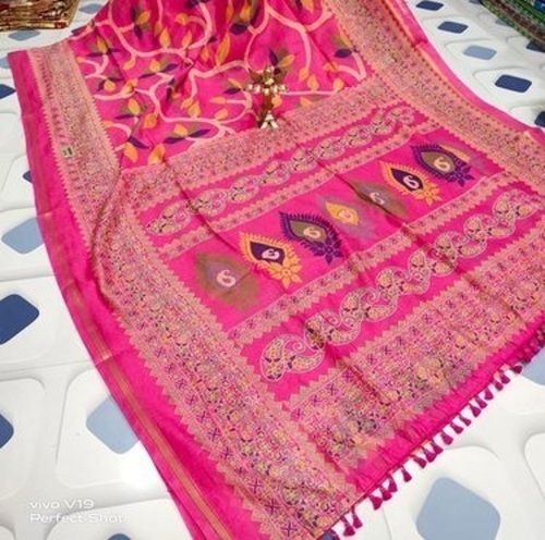 Cotton Silk Ladies Designer Printed Pink Colour Saree For Weddings And Parties