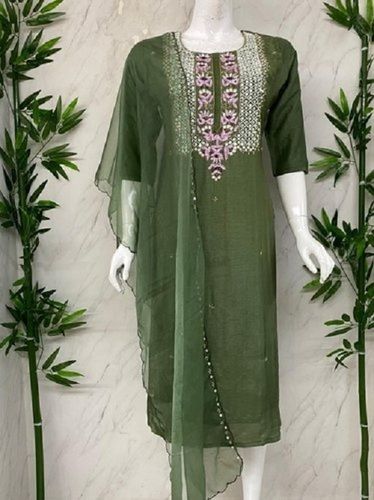 Ladies Fancy Designer Kurtis Green Silk Color Decoration Material: Stones