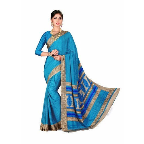 Cotton Silk Semi Formal And Casual Long Lasting Comfortable Yellow And Sky Blue Laces Printed Saree