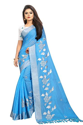 Skin Friendly Long Lasting Comfortable Light Blue And White Printed Cotton Silk Saree