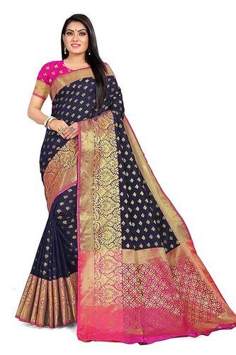 Party Wear Soft Feel Long Lasting Comfortable Blue And Red Printed Zari Work Cotton Saree