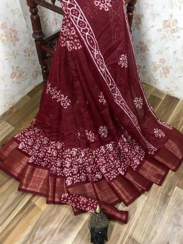 Maroon Casual Wear Printed Batik Saree With Blouse Piece For Ladies