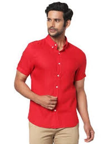 Washable Comfort Easy-To-Wear Short Sleeves Men'S Linen Fabric Red Colour Shirt 