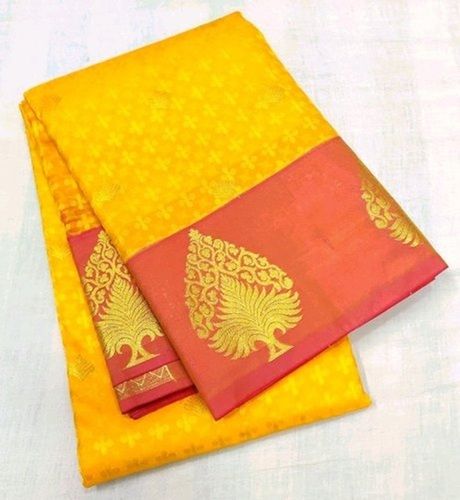 Summer Yellow Party Wear Printed Silk Butta Ladies Sarees With Blouse Piece Set