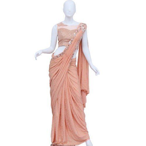 Embroidered Peach Chiffon Party Wear Beaded Ladies Sarees With Blouse Piece Set