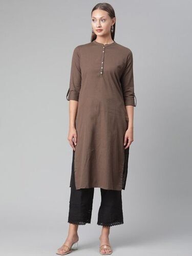 100 Percent Pure Cotton Brown Plain Round Neck Brown Ladies Kurti