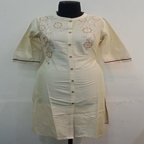 Cream Colour Round Neck Cotton Printed Pattern Ladies Kurtis For Casual Wear