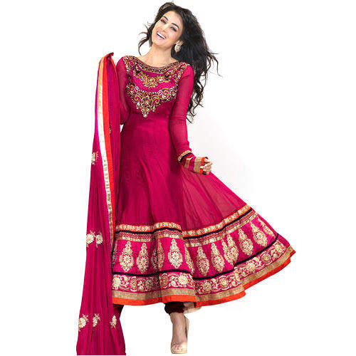 Dark Pink Ready Made Cotton Anarkali Kurti With Chudidar And Duppatta For Women