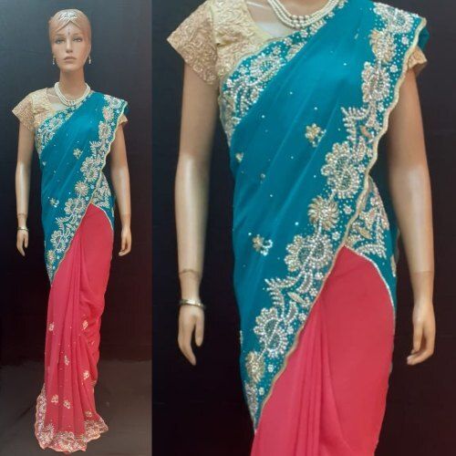 Designer Trendy Heavy Resham Moti And Stone Work Net Saree