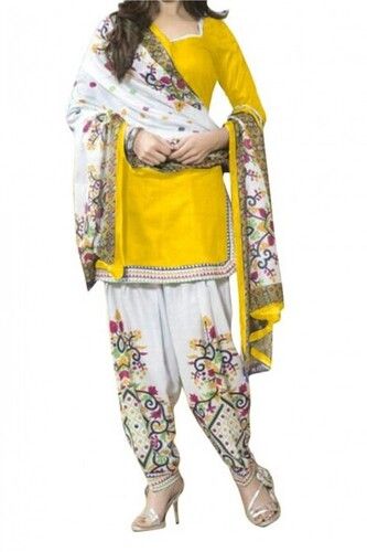 Indian Stylish Look Beautiful Pure Cotton Printed Pattern White And Yellow Fancy Salwar For Ladies