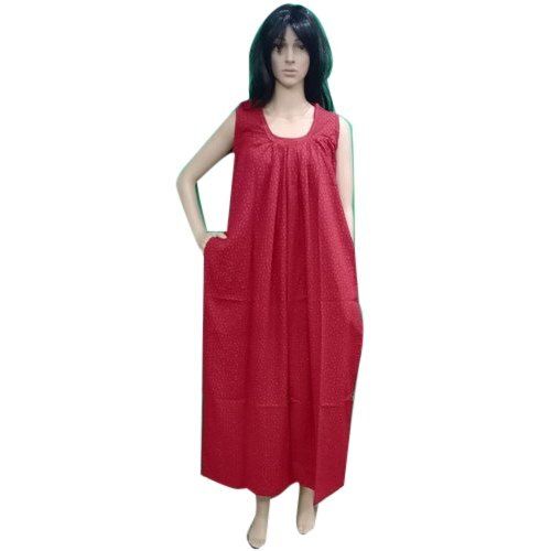 Full Length Red Plain Sleeveless Cotton Nighty For Ladies 
