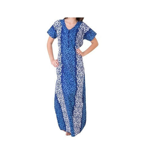 Half Sleeve Blue With White Printed Cotton Designer Nighty For Ladies