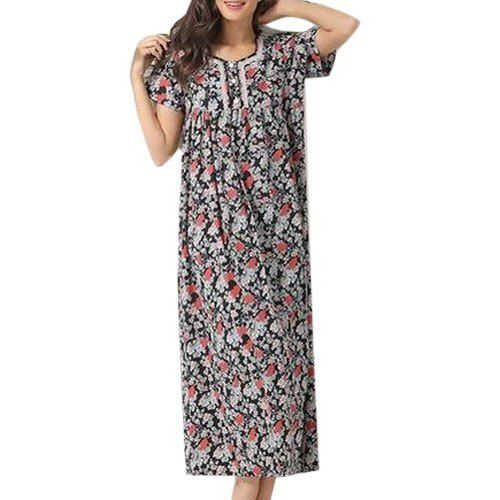 Ladies Short Sleeves Full Length Multicolored Breathable Cotton Printed Nighty