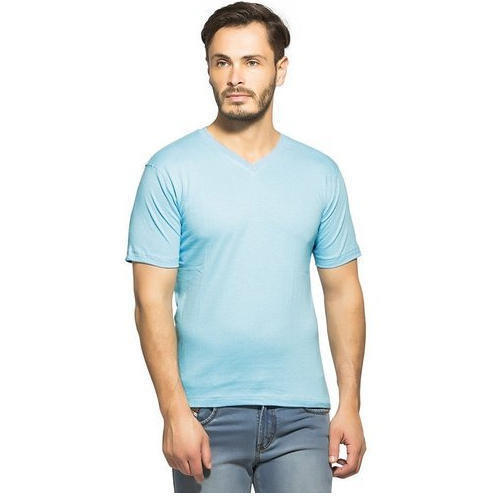 Men'S Light Blue Color V Neck Cotton Short Sleeves Plain T Shirts  Age Group: 16-25