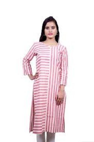 Pure Cotton Pink And White Color Round Neck Long Sleeves Ladies Kurtis