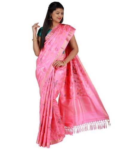 Women Party Wear Light Weight Beautiful Elegant Printed Pink Cotton Silk Saree
