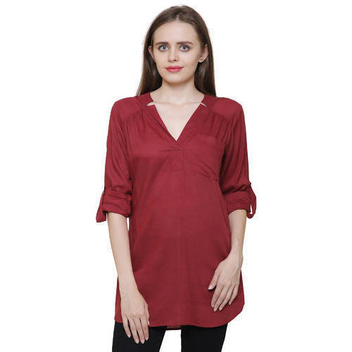 Maroon Women'S Long Sleeve V-Neck Ribbed Plain Top