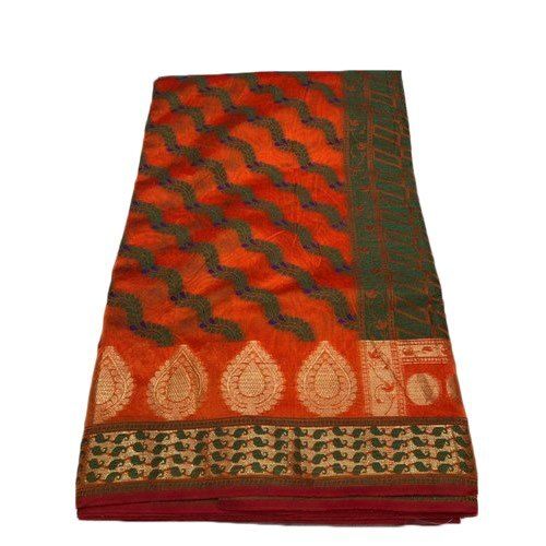 Khadi 100 Percent Pure Cotton Light Weight Orange Green Printed Silk Saree With Matching Blouse