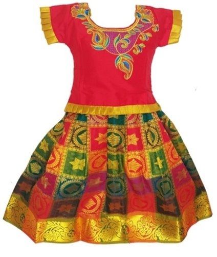 Traditional Stylish Elegant Breathable Skin Friendly Pink And Green Art Silk Skirt For Kids Age Group: 2-5