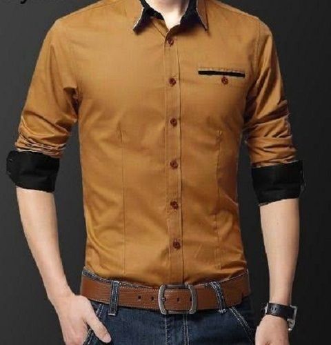 Men Full Sleeves Breathable Casual Wear Soft Cotton Plain Brown Formal Shirt Chest Size: 36-38