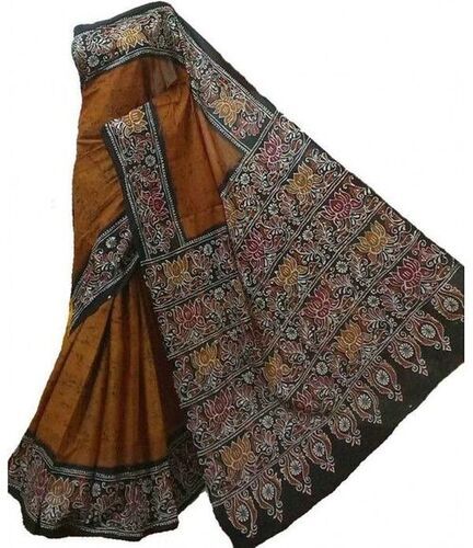 Khadi Light Weight Smooth And Comfortable Light Brown Printed Saree With Blouse Piece Set