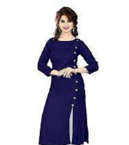 Skin Friendliness 3/4 Sleeves And Round Neck Breathable Rayon Navy Blue A Line Kurti Decoration Material: Beads