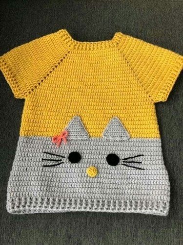 Wool Stylish Wrinkle Free Yellow And Grey Printed Crochet Sweaters For Kids