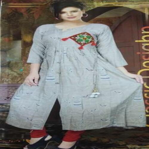 Washable A-Line, Pure Cotton And Hand Embroidered Grey Reyon Kurti